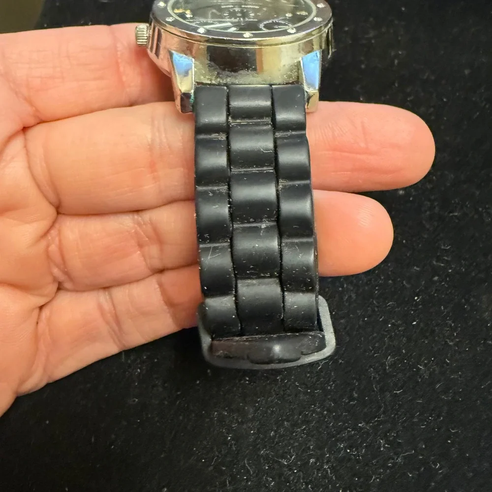 Quartz Multi-Function Watch Black Dial Crystal Bezel Black Rubber Strap No. 2201